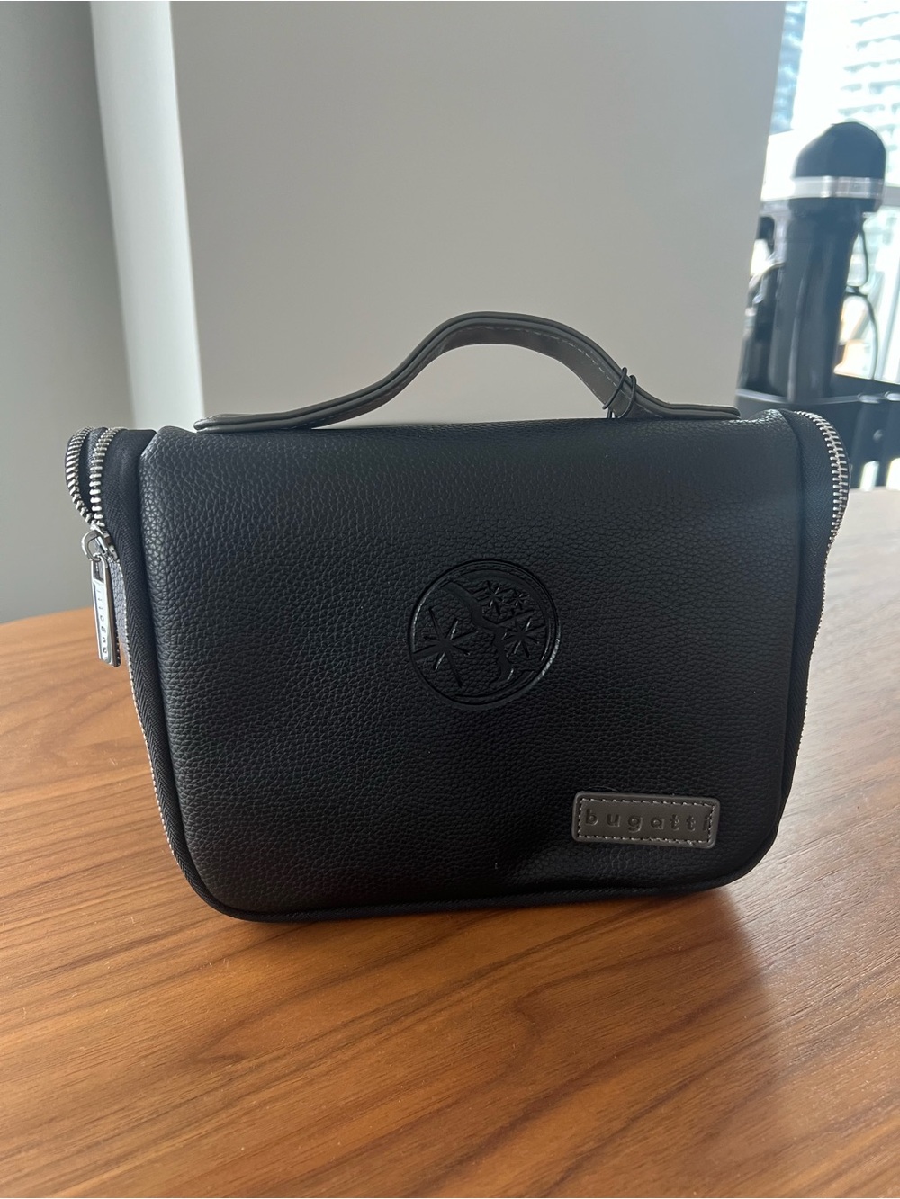 Unisex Bugatti Black Pebbled Leather Toiletry Case with Top Handle